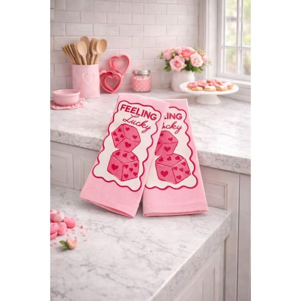 New Set 2 Valentines Day Love Pink Feeling Lucky Rolling The Dice Kitchen Towels